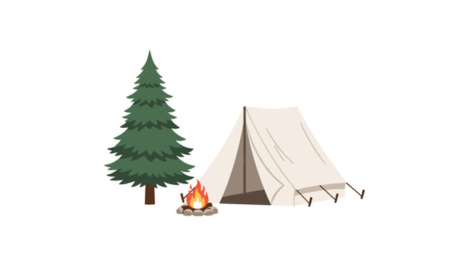 A colored illustration of a campsite with a beige tent, a green pine tree, and a campfire on a white background.