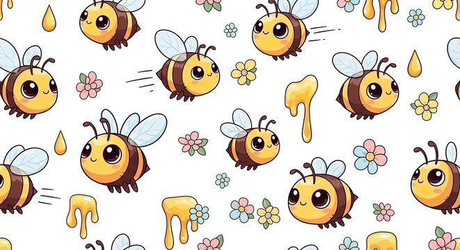 Cute Kawaii Bee Seamless Pattern with Honey Drips and Flowers on Light Background