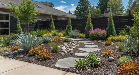 Obraz premium Residential garden landscaping with contemporary design and colorful succulent arrangements