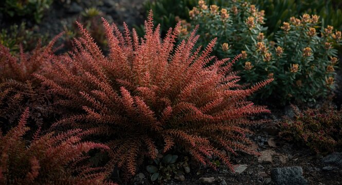 Curly Leucothoe axilliaris featuring red leaves alongside coastal dog hobble plants