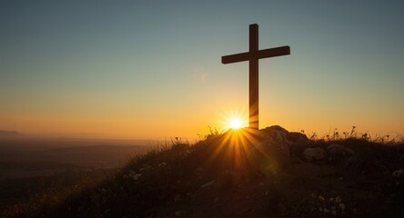 Naklejka premium Jesus resurrection moment captured with cross on hill at sunrise