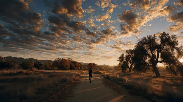 Lone runner moving along a quiet country road at sunset with dramatic clouds, dry trees, and warm golden light in a scenic rural landscape