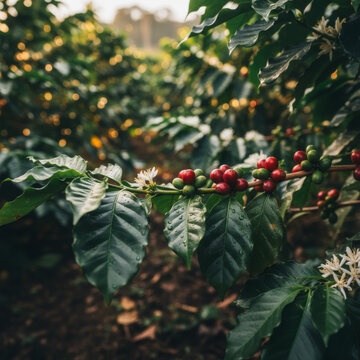 Close up of raw coffee beans and flowers on a branch in the plantation