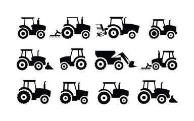 Naklejka premium Tractors in various farming and construction settings with different attachments and actions