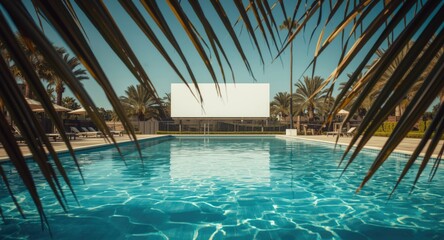 Obraz premium pool with clear water and a billboard framed by palm foliage