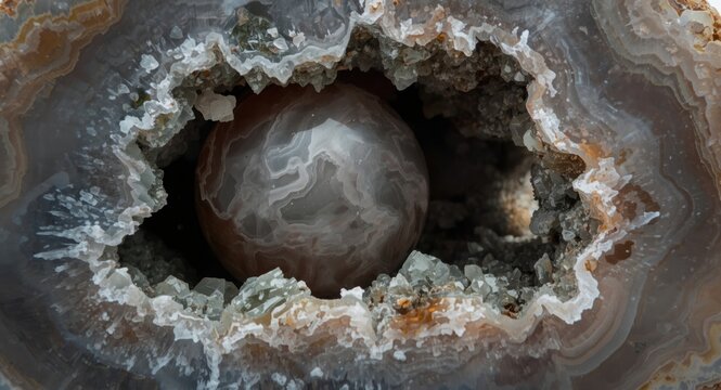 Close up of a thunder egg agate geode with grey agate orb and green rhyolite matrix