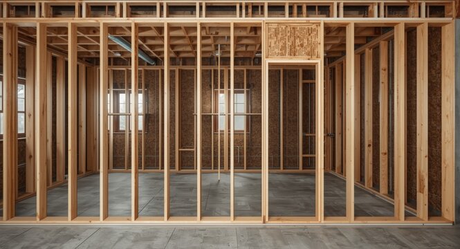 Open wall stud framing prepared for electrical wiring and plumbing