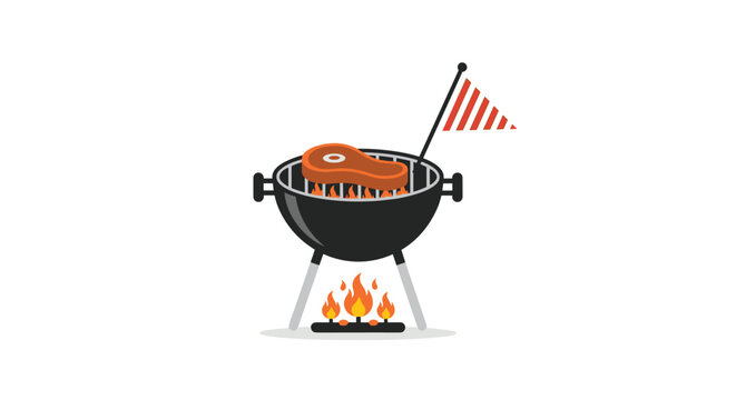 A black charcoal barbecue grill with a steak and an American flag is shown with orange flames beneath it.