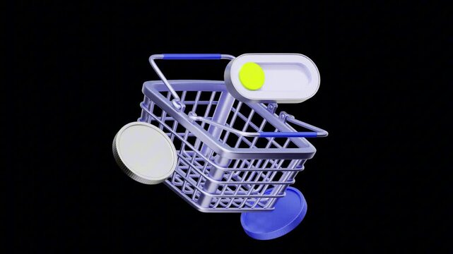 3D icon of a shopping basket with a toggle switch and coins For fast checkout, payment processing, UI UX design, and e-commerce optimization.