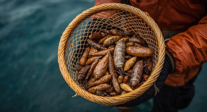 Small trawl net with marine biological samples lifted from sea with copyspace