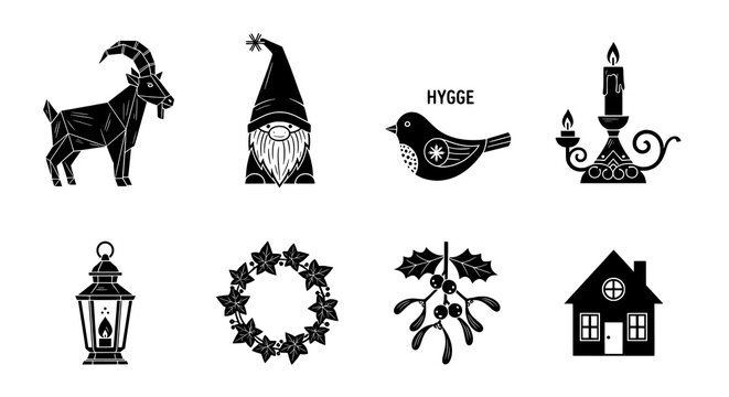 Collection of Hygge and Scandinavian Winter Holiday Folk Art Graphic Elements