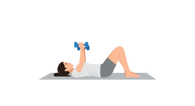 A woman with dark hair lies supine on a grey yoga mat, performing a chest press exercise with two blue dumbbells.