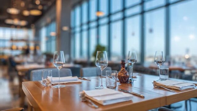 Elegant restaurant interior with set tables and large windows offering a city