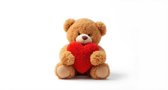 Endearing brown teddy bear hugging a large red heart on a bright white backdrop excellent as Valentine present