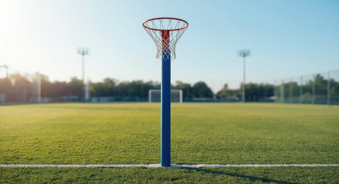 Robust nylon net netball hoop with blue padded metal pole structure