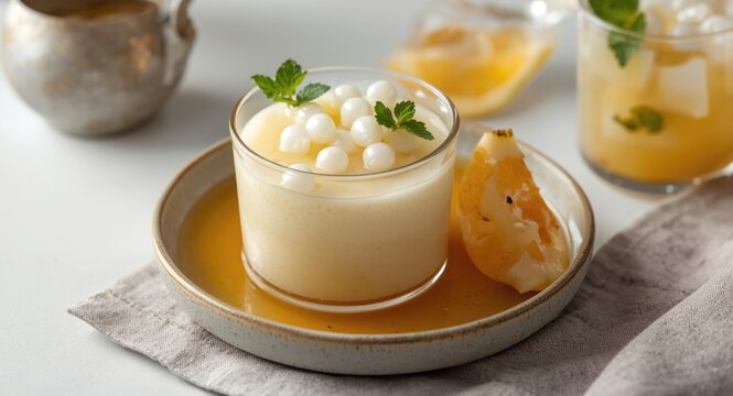 Refreshing tropical rice custard dessert with sago pearls and palm sugar syrup