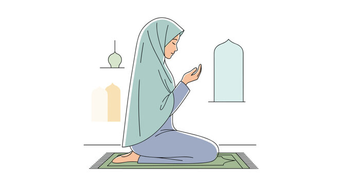 A Muslim woman in a light green hijab kneels on a prayer mat with hands raised in supplication against a white background.