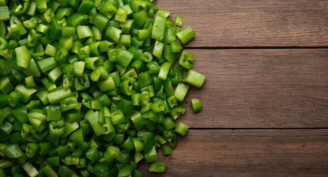 Close overhead perspective of finely diced green bell peppers on wood