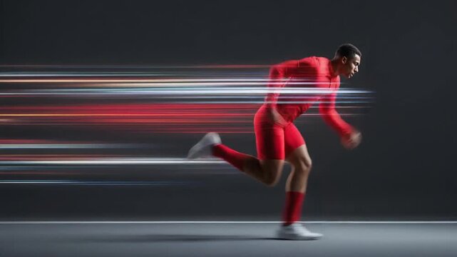 Studio sports portrait of a sprinter captured mid-air, sprinting to the right. Semi-realistic scene emphasizing dynamic motion, athleticism, and muscle definition.
