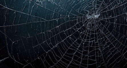 Naklejka premium Close up of fractured window glass showing spiderweb cracks on a rough dark background
