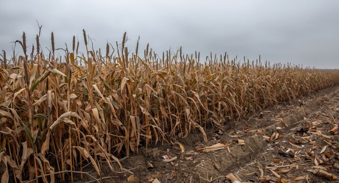 Ruined corn crop from heavy rainfall and hail damage