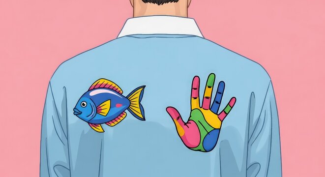 April fool prankster wears colorful fish and hand print on light blue shirt
