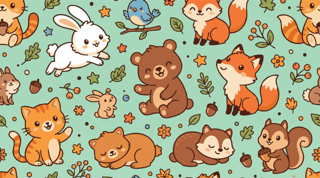 Charming Seamless Repeating Pattern of Adorable Forest Creatures and Falling Leaves on a Mint Green Background