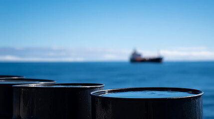 Naklejka premium Industrial Steel Drums on a Ship Deck with Ocean and Distant Vessel in Background under Blue Sky, Representing Global Transport