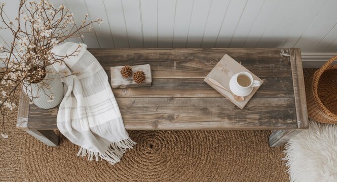From above view of a reclaimed rustic bench with spring season decor in a Scandinavian style interior including copyspace for text