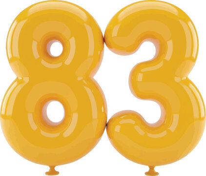 Shiny Yellow Number 83 Balloon 3D Render on Transparent Background for Anniversaries and Milestones