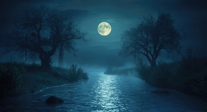 magical moonlit river in bizarre conceptual natural landscape artwork