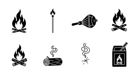 Fototapeta premium Black and White Pictograms Illustrating Campfire, Burning Logs, Matchstick, and Fire Starting Tools