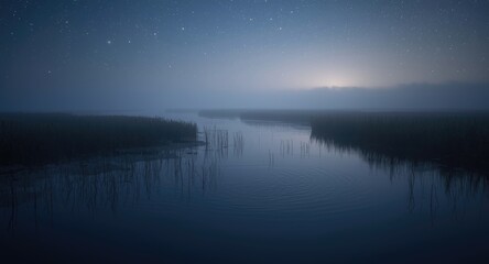 Fototapeta premium Serene marsh scene at night with a foggy sky and stars over calm water