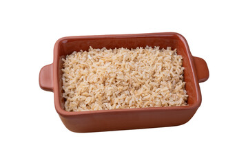Cooked brown whole rice in a plate isolated over white background