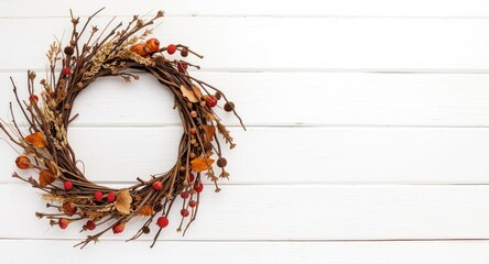 Fototapeta premium Organic fall wreath combining twigs and dried plants on white wooden backdrop