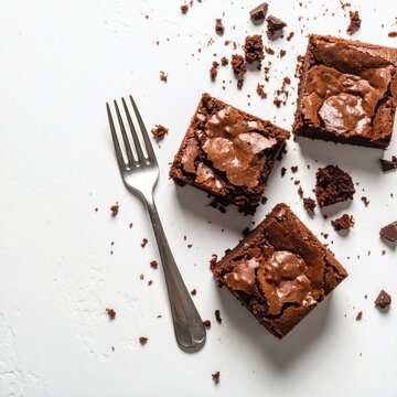 Delicious homemade chocolate brownies displayed artfully on a clean white surface beside a vintage silver fork, offe a tempting treat for dessert lovers today.