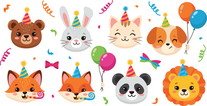 Cute Animal Birthday Party Characters Vector Illustration Set with Bear, Bunny, Dog, Cat, Fox, Panda and Lion Wearing Party Hats and Glasses