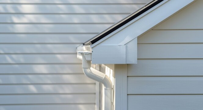 Architectural detail of white gutter guard and fascia on vinyl siding in upscale home