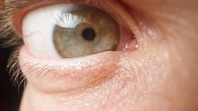 The male eye stares intensely at you, with a focused pupil and red veins. Macro view.