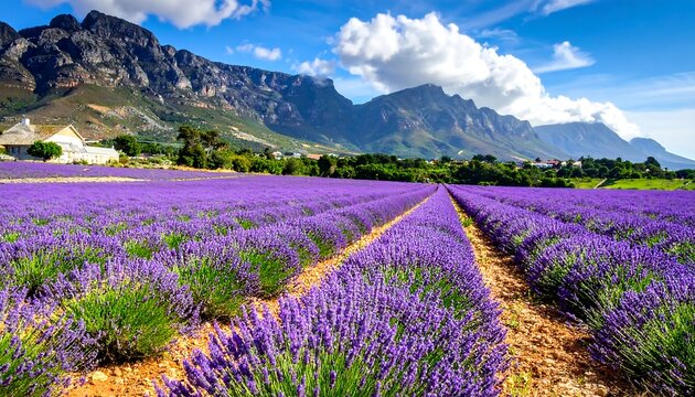 Lavender field stretching to mountains