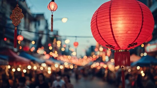 Red lanterns illuminate a vibrant street market scene at dusk with bokeh lights