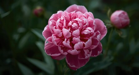 Obraz premium Peony flower bursting with lively pink shades in a garden setting