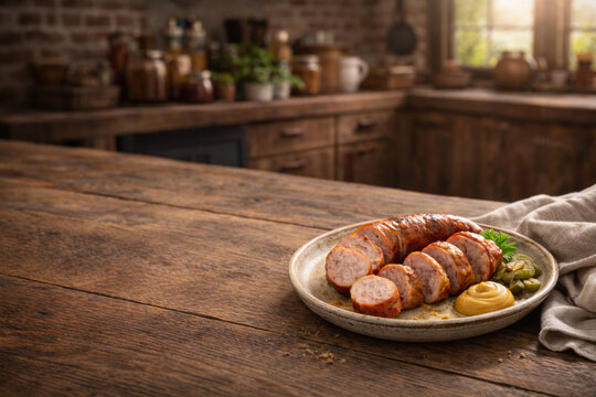 Salsiccia affettata su piatto rustico con senape su tavolo di legno in cucina rustica. Generative AI 