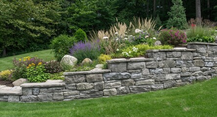 Obraz premium Landscape slope held by granite and gneiss stone wall with easy care perennial plants