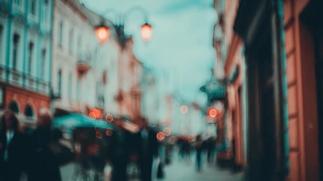 Blurred city street scene with people and warm bokeh lights.