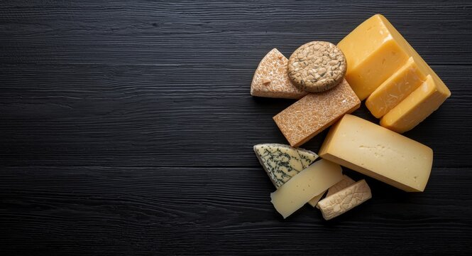 Grouped hard cheeses on ebony timber background including copy space