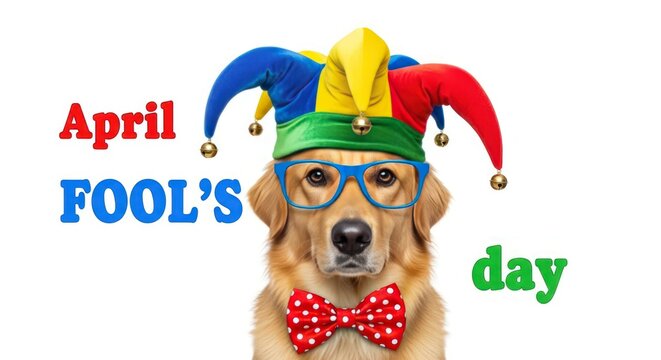 April fool's day dog prankster wearing jester hat glasses and bow tie