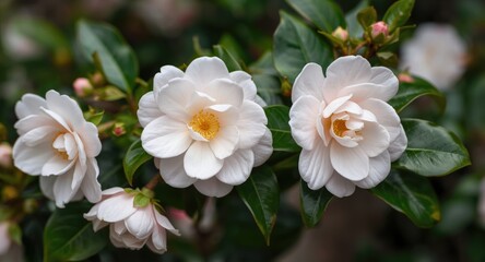Obraz premium Shrub of Camellia japonica showcasing fresh early spring blooms