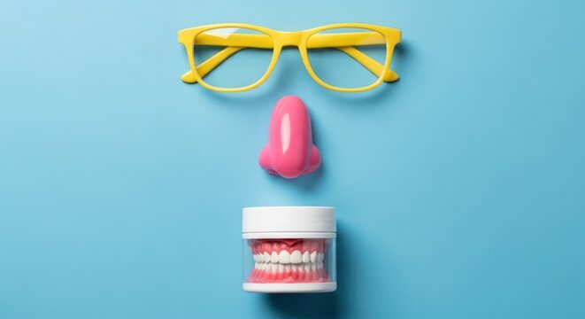 April fool prank concept with glasses dildo and fake teeth on blue background