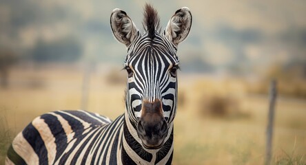 Naklejka premium Portrait view of a zebra's eye, snout, and neck revealing fluid eyes and distinctive striped fur